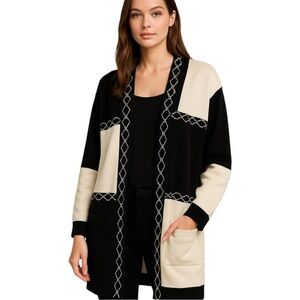 Adolfo Collectibles Black & Ivory Color Block Long Cardigan Sweater Size L